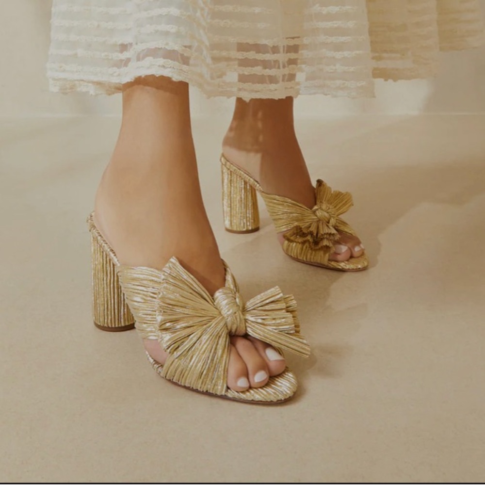 LOEFFLER RANDALL PENNY KNOTTED GOLD MULES WITH BOX - SIZE 9.5 B - 3.54” HEEL